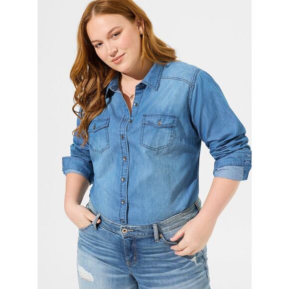torrid Tops - Torrid Taylor Medium Wash Denim Button Down Shirt Blue Women's Plus Size 3 3X